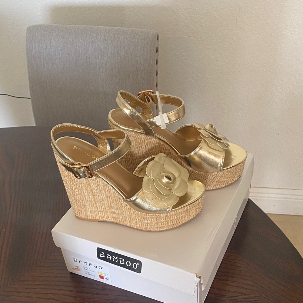 BAMBOO Metallic Gold Floral Wedge Sandals